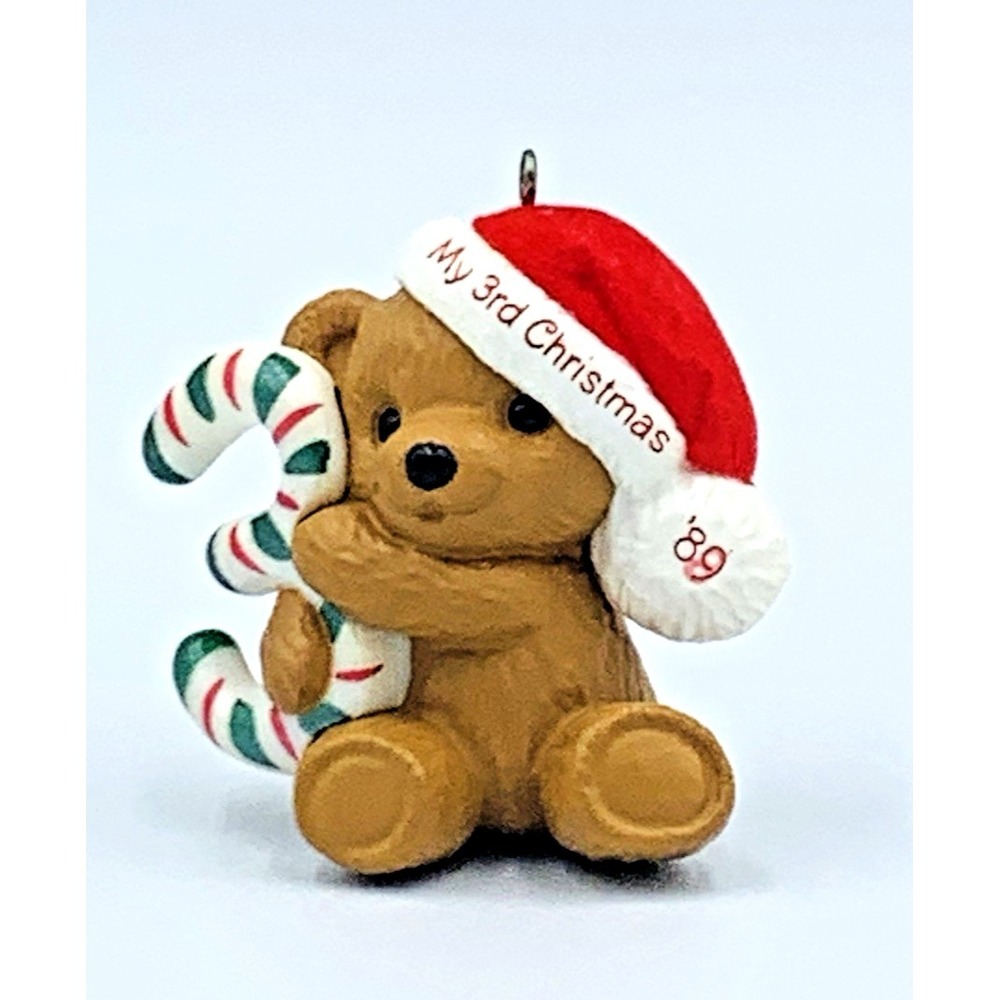 1989 Hallmark Keepsake Ornament Child's 3rd Birthday Felt Hat Candy Cane Bear‎